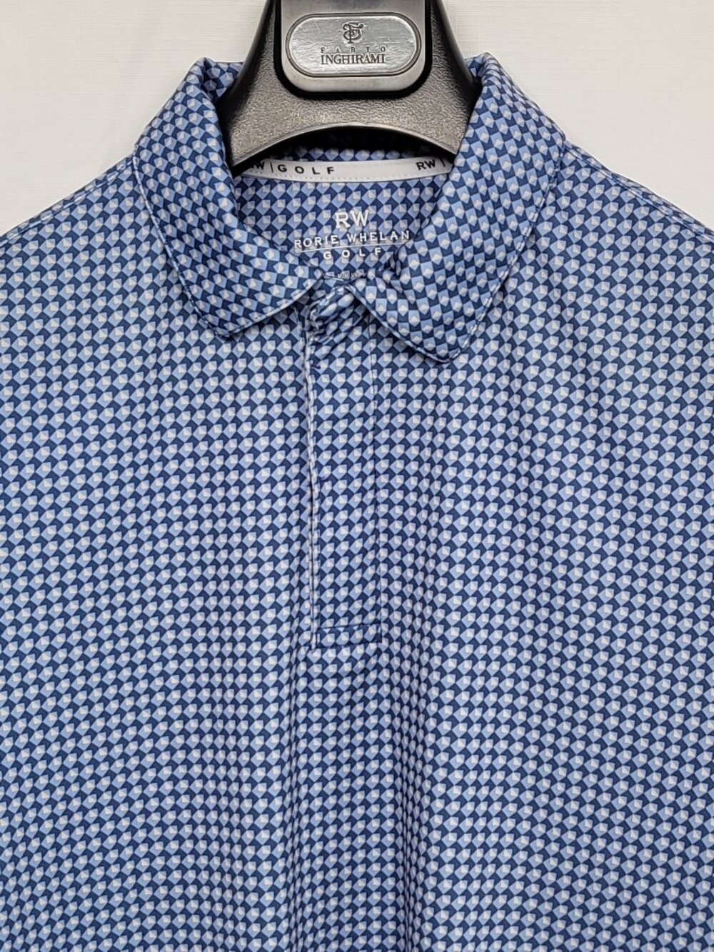 RW Rorie Whelan Golf Polo Shirt Mens Medium Geometric Allover Print Short Sleeve